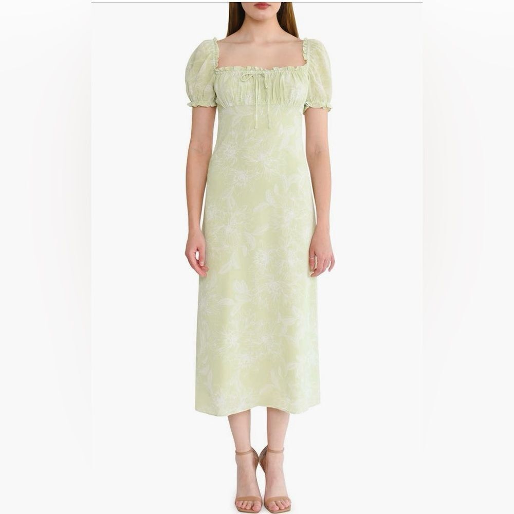 Wayf Light Green Floral Square-Neck Puff Sleeve Midi Dress - Picture 2 of 9